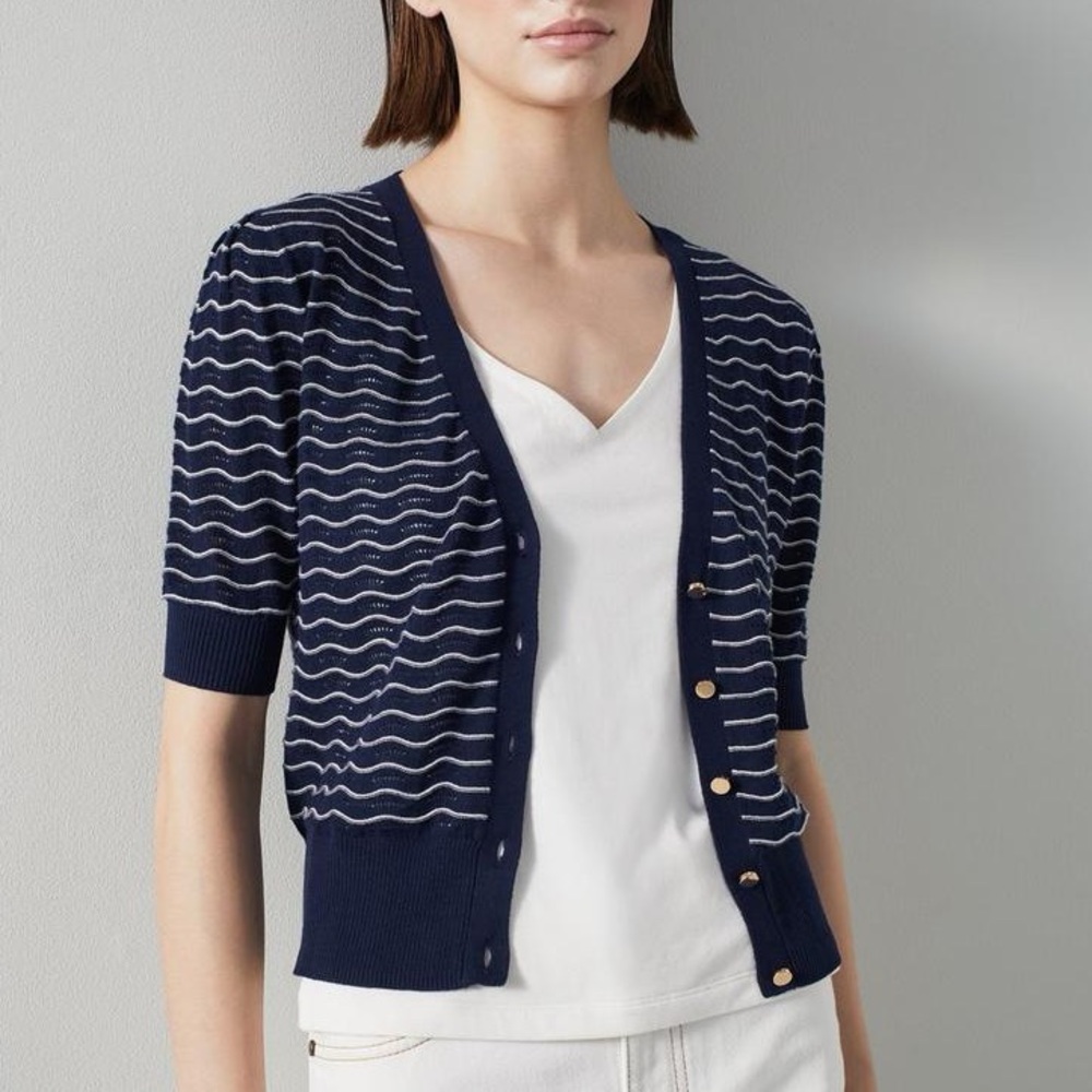 LK Bennett Pearl Navy White Cotton Wave Ribbed Cardigan Sz M Cotton Short Sleeve